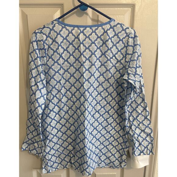 J‎ Jill XS Blue White Cotton Tunic Top Split Neck Patterned Long Sleeve Blouse - Picture 2 of 4
